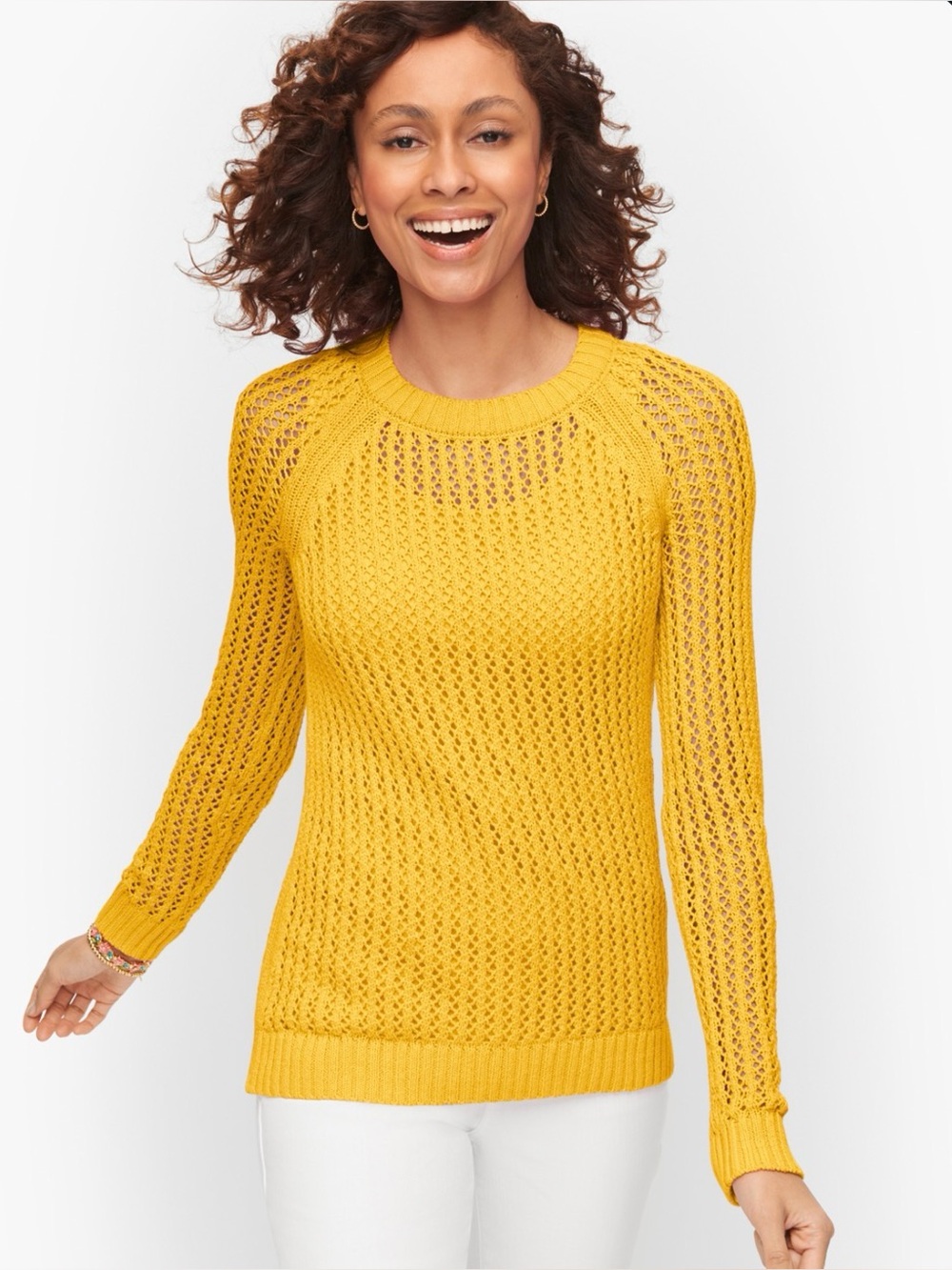 Talbots Women's Open Stitch Raglan Sweater Size Large Pullover Yellow